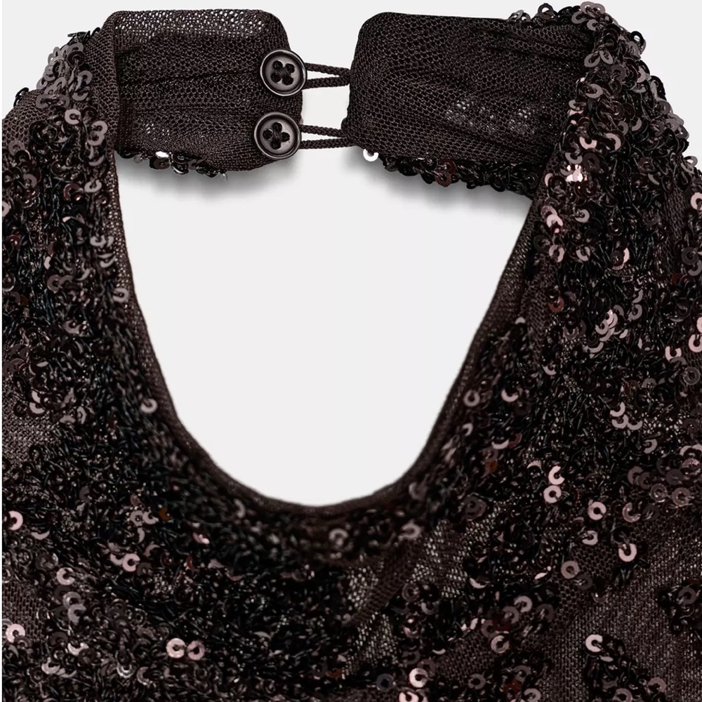 NWT Zara Elegant Brown Sequin Halter Dress - Picture 8 of 10